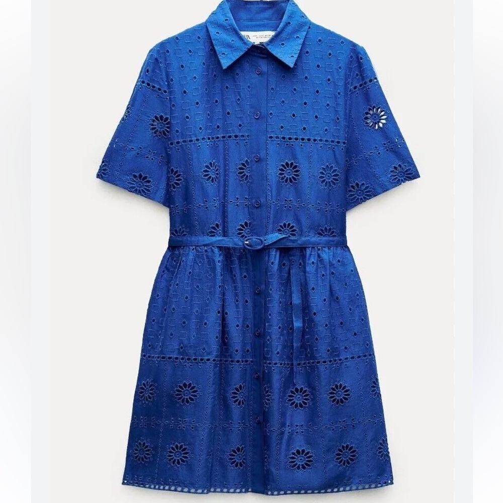 Zara Blue Short Sleeve Collar Mini Dress